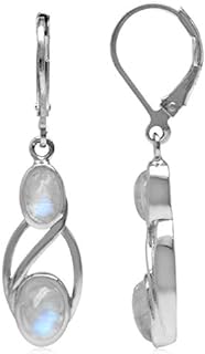 Women's White Gold Plated Sterling Silver Oval Moonstone Dangle Earrings with Leverback Closure