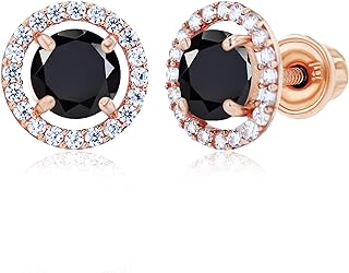 Screw Back Onyx and Created Sapphire Stud Earrings in Solid 14K Rose Gold for Women and Girls | Timeless Halo Design