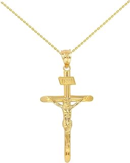 Solid 14k Yellow Gold Cross INRI Crucifix Pendant Necklace (1.60")