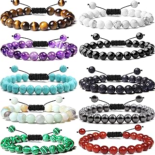 10-Piece Adjustable Bead Bracelet Set for Men & Women with Bead Chain & Sparkling Cubic Zirconia, Semi-Precious, 8mm Healer's Gemstone, Round Design, Spring Ring Clasp