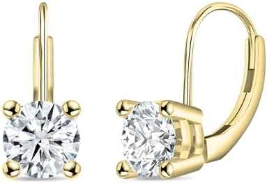 Round Lab Grown White Diamond Solitaire Lever Back Drop Earrings for Women in 18K Solid Gold