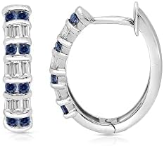 Blue Nile Sapphire & Cubic Zirconia Hoop Earrings - 14k White Gold Plated Sterling Silver Hypoallergenic Huggies for Sensitive Ears, 1.65 Ct Round & Baguette Cut Design with Push Back Closure