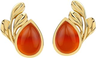 Silvershake Genuine Orange Carnelian Pear Shaped Stud Earrings - Leaf Design, 14K Yellow Gold Plated 925 Sterling Silver Jewelry for Women