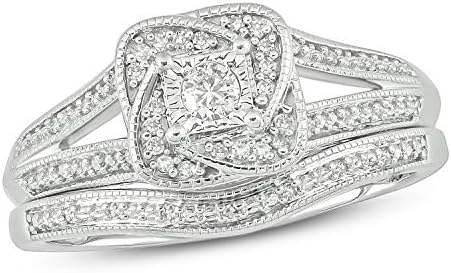 1/5cttw Diamond Illusion Set and Twisted Halo Wedding Ring Set with Matching Diamond Curved Half Eternity Band for Women in Yellow Gold-Plated, Rose Gold-Plated or 925 Sterling Silver