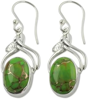 NOVICA Artisan Handcrafted Sterling Silver Dangle Earrings from India Reconstituted Turquoise Green Greenery Leaf Tree Bollywood [1.7 in L x 0.6 in W x 0.3 in D] ' Green Dew'