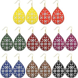 French Wire Back Bohemian Wooden Dangle Earrings for Women - Set of 8 Lightweight Zinc Alloy Teardrop Cut-Out Design