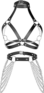 Mavis Leather 2-Piece Body Chain with Buckle Clasp, Alloy Detail, Black - Sexy Punk Adjustable Harness Belt Accessories for Women