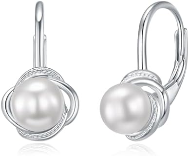 Lever Back Sterling Silver Hoop Earrings with Pearl Accents for Women and Girls - Featuring Moon, Star, Heart, Knot, Flower Designs