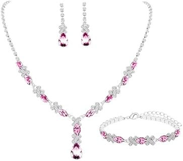 Lobster Clasp Pink Crystal Cubic Zirconia Necklace for Bridesmaids- UDYLGOON Adjustable Chain Rose Gem Necklace