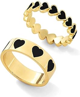 YOOESTORES82 2PCS Colorful Heart Ring Gold Band Rings Set for Women Girl Couple Cute Love Heart Plain Stackable Finger Rings Wedding Preppy Jewelry Gift
