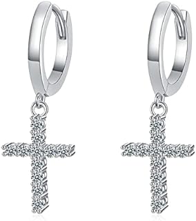 925 Sterling Silver Dangle Earrings with Moissanite and Cubic Zirconia Cross for Women - Elegant Hoop Drop Design