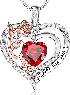 Mom Appreciation Sterling Silver Pendant Necklace with Cable Chain Featuring Garnet Birthstone & Dual Heart-Rose Design - Perfect for Mother's Day, Birthdays & Special Occasions