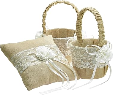 EinsSein Almohada de Anillos de Boda con Flor de Yute, 18x18 cm y 2 Cestas de Flores, Cojín Lavable Ideal para Adultos, Decoración Rústica y Vintage