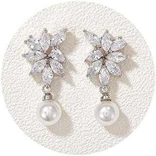 SWEETV Cubic Zirconia Pearl Wedding Bridal Earrings for Brides Bridesmaids, Pearl Drop Earrings for Women Prom Jewelry Gifts