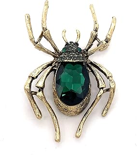 LAXPICOL Gold Tone Spider Brooch with Green Rhinestone Crystals, Pin Clasp, Vintage Design