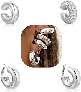 4 PCS Chunky 14K Real Gold Earrings for Women, Lightweight Hypoallergenic Big Chunky Gold|Sliver Earring Set, Thick Chunky Hoop Earrings & Large Cartilage Cuff Earrings for Women, Jewelry Gifts for Girls