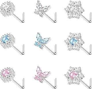 Drperfect 9PCS Nose Ring Stud for Women 20G Stainless Steel L-Shape Nose Rings CZ Butterfly Snowflake Nose Studs Assorted Nose Piercing Jewelry