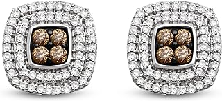 Jewelili Sterling Silver 1/2 Cttw Natural Champagne Brown and White Round Diamond Stud Earrings