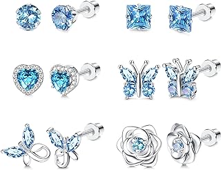 THUNARAZ Hypoallergenic Birthstone Stud Earrings for Women Butterfly Flower Heart CZ Screw Back Earrings Jewelry Gift for Birthday Christmas