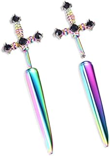 Gothic Stainless Steel Sword Jacket Earrings with Screw Back for Women & Men, Fake Gauge Illusion Design