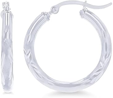 14k Yellow or White Gold 3mm Solid Polished Diamond Cut Hoop Earrings for Women | 3mm Thick Italian Gold Diamond Cut Hoops | Shiny Polished Earrings, 15mm-90mm