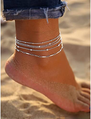 Foxgirl Gold Ankle Bracelets for Women,14k Gold Plated/Silver Anklets for Women Waterproof Layered CZ Leaf Beaded Cuban Chain Anklets Set Summer Beach Anklets for Women Teen Girls Gold Jewelry Gifts