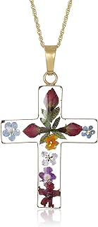 Amazon Essentials 14k Gold Over Sterling Silver Pressed Flower Multi-Colored Cross Pendant Necklace (previously Amazon Collection)