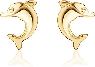 14K Yellow Gold Dolphin Stud Earrings with Push Back Closure for Women and Kids, Hypoallergenic and Lustrous Design