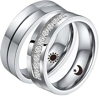 Cubic Zirconia Sun and Moon Couple's Promise Rings with Stainless Steel Chain - Size 7 for Women, Size 10 for Men