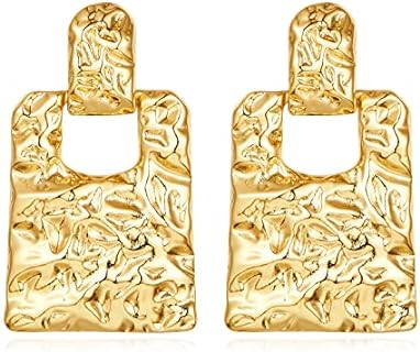 Gold Hammered Rectangle Geometric Hoop Dangle Earrings Statement Vintage Squarely Drop Earrings for Women Gift