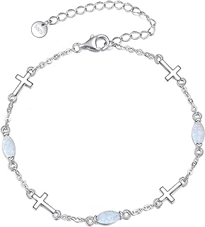 CRMAD Cross Opal Anklet for Women Sterling Silver Cross Anklet Opal Jewelry Gift FOR Girls