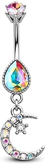 COCHARM Colorful CZ Dangle Belly Button Ring 14G Moon Dangly Belly Navel Rings for Women Belly Piercing Jewelry Dangling Stainless Steel