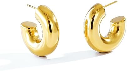 Chunky Gold Hoops Earrings for Women Thick 18K Real Gold Circle Open Hoop Lightweight Hollow Earrings For Women Trendy Water Proof Gold Jewelry 30MM