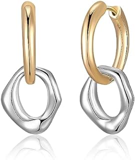 Chic Two-Tone Gold Chain Hinged Hoop Dangle Earrings for Women - 18k Gold Plated Copper - Lightweight Hypoallergenic Jewelry Gift for Teens and Women