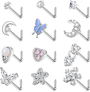 DOLOTTA 12PCS 20G Surgical Steel Nose Rings Studs for Women Men CZ Moon Star Butterfly Nose Rings L Shaped Opal Snowflake Flower Nose Studs
