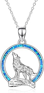 Unisex Sterling Silver Wolf Pendant Necklace with Rolo Chain and Spring Ring Clasp Featuring Opal Moon Design