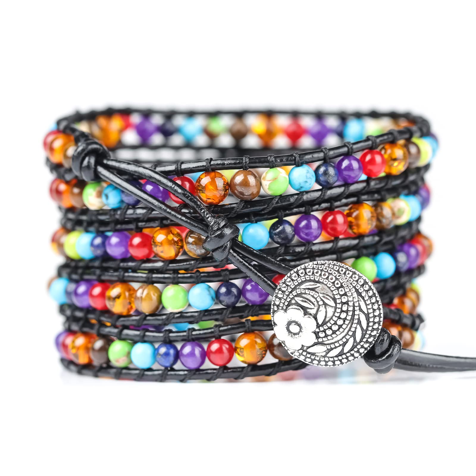 5 Wrap Leather Beaded Bracelets for Men Women - Handmade Adjustable 7 Chakras Stone Beads Bracelet Cuff Rope Yoga Healing Bracelet Bangle