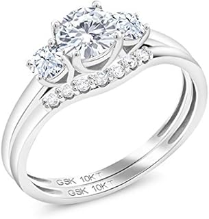10K White Gold Moissanite From Charles & Colvard and White Created Sapphire and Lab Grown Diamond 3-Stone Bridal Engagement Wedding Ring Set For Women (0.83 Cttw, 5MM, Available in Size 5,6,7,8,9)
