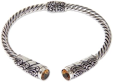 NOVICA Artisan Handmade Citrine Cuff Bracelet Sterling Silver Hinged with Citrines Yellow Indonesia Birthstone [6.25 in L (end to End) x 0.4 in W] ' Beacon of Light'
