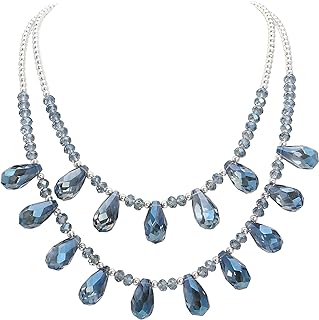 Firstmeet Crystal Bib Necklace Featuring Glass Beads, Double-Layered Water Droplet Design, and Lobster Clasp on a Cuban Chain - Elegant, Adjustable, Zinc-Made Choker Necklace from China