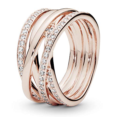 Pandora Sparkling & Polished Lines Entwined Ring - Rose Gold Ring for Women - Chic Cocktail Ring - Gift for Her - 14k Rose Gold-Plated Rose with Cubic Zirconia - Size 6