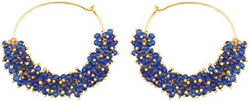 Touchstone "Tribal Bohemian Chic" Indian Bollywood young choice blue beads designer hoop earrings for women in gold tone