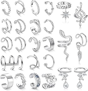 JeryWe Gold Cubic Zirconia Ear Cuffs, 25 Pcs Non Piercing Adjustable Fake Cuff Earrings Set for Women, Clip-on Upper Cartilage Wrap Design, Copper Base Material