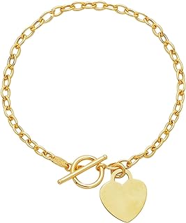 Finejewelers 14 Kt Yellow Gold 7.50 Inch Bright Cut Oval Chain Link Bracelet Heart Charm and Toggle Lock