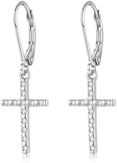 Cross Earrings for Women 925 Sterling Silver Cubic Zirconia Dangle Drop Earring Cross Leverback Earrings Religious Jewelry Gift for Women Girls Men