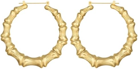 3UMeter Bamboo Earrings for Women 90s Bamboo Hoop Earrings 18k Gold Plated Stainless Steel Hip-hop Accessories for Women Girls 50 70 90mm