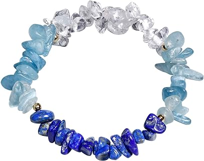 Jewever Natural Crystal Bracelet for Women Aquamarine/lapis lazuli/Clear Quartz Tumbled Chip Stone Beaded Balance Mesitation Yoga Bracelets