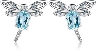 14K White Gold Plated Stud Back Finding Dragonfly Earrings for Women, Sterling Silver with Oval Sky Blue Topaz, Spinel and Cubic Zirconia, Perfect Gift for Her