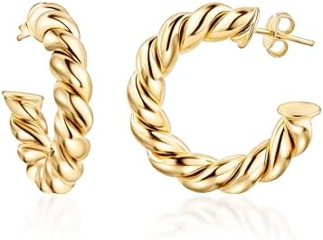 Barzel 18k Gold Plated Chunky Twisted Hoop Earrings, 5mm Thick, 10-40mm Sizes, Open Hoop Earrings for Women