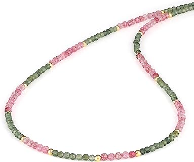 Faceted Round Nephrite Jade And Strawberry Quartz Gemstone (2-2.5mm) Beads Necklace For Women With 925 Silver Yellow Gold Plating lock (45cm)